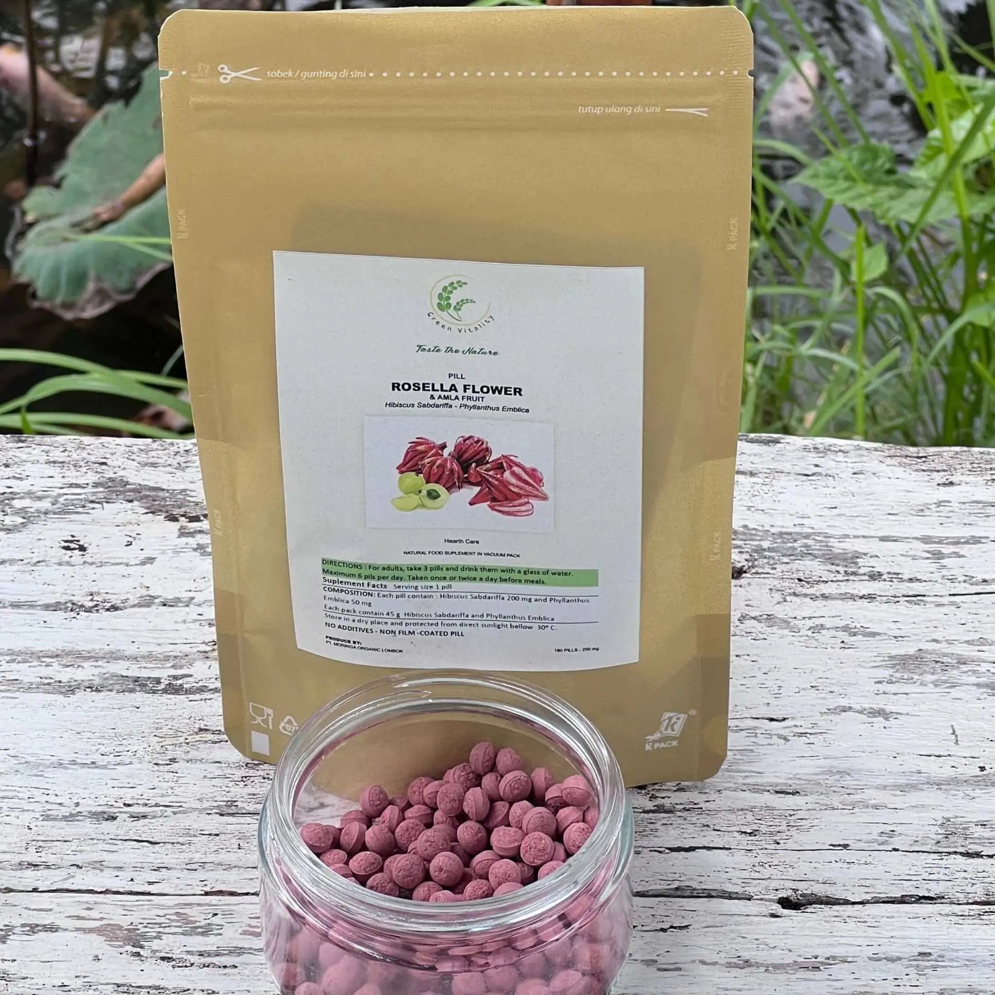 GREENVITALITY La Rosella dietary supplement, 45g pouch with jar of pills, rich in vitamins and omega 3.